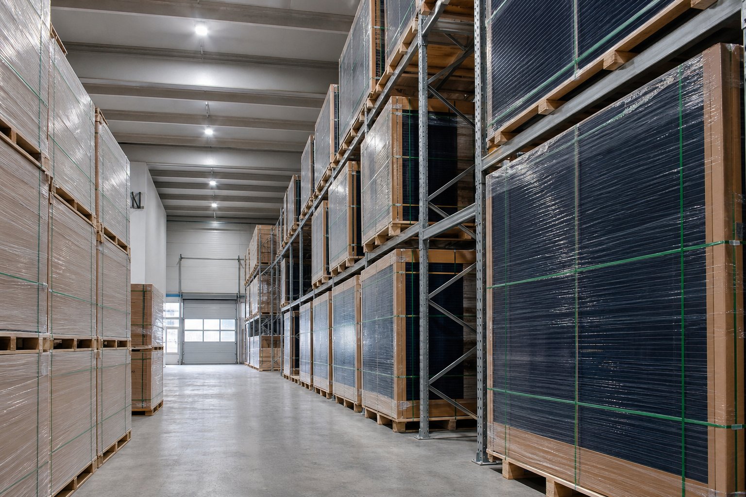 Bancali di pannelli fotovoltaici in magazzino